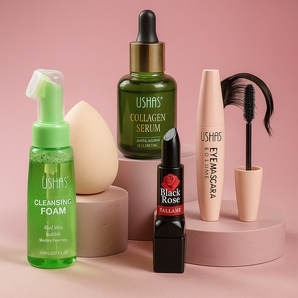 Set rimel, ser facial cu colagen, spumă demachiantă, ruj, burete machiaj
