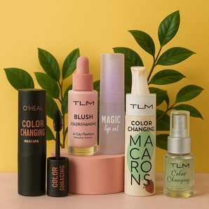 Set ulei de buze, ruj lichid, blush-fard de obraz, fond de ten colour changing