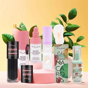 Set ulei de buze, ruj lichid, blush-fard de obraz, fond de ten colour changing