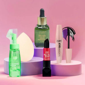 Set rimel, ser facial cu colagen, spumă demachiantă, ruj, burete machiaj