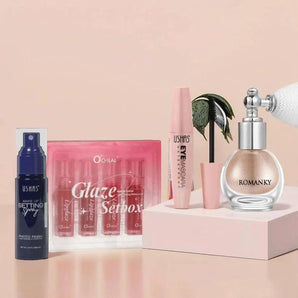 Set 4 rujuri lichide O'Cheal, iluminator cu pompiță, rimel, spray fixare machiaj