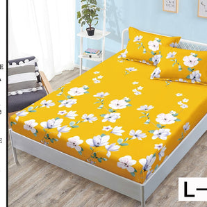 Cearceaf cu elastic + 2 fețe de pernă 180x200  - flori pe fundal albastru