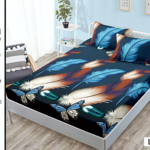 Cearceaf cu elastic + 2 fețe de pernă 180x200  - pene și fluturi albaștri
