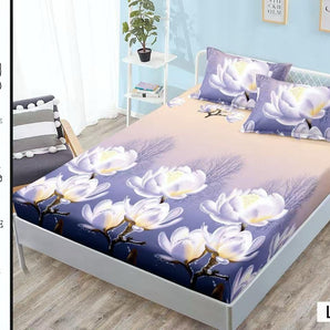 Cearceaf cu elastic + 2 fețe de pernă 180x200  - flori de cireș mov