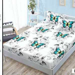 Cearceaf cu elastic + 2 fețe de pernă 180x200  - fluturi albaștri și trandafiri