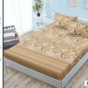 Cearceaf cu elastic + 2 fețe de pernă 180x200  - trandafiri maro