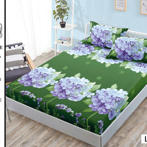 Cearceaf cu elastic + 2 fețe de pernă 180x200  - hortensii mov