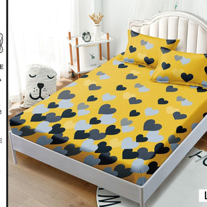 Cearceaf cu elastic + 2 fețe de pernă 180x200  - inimi galbene și negre